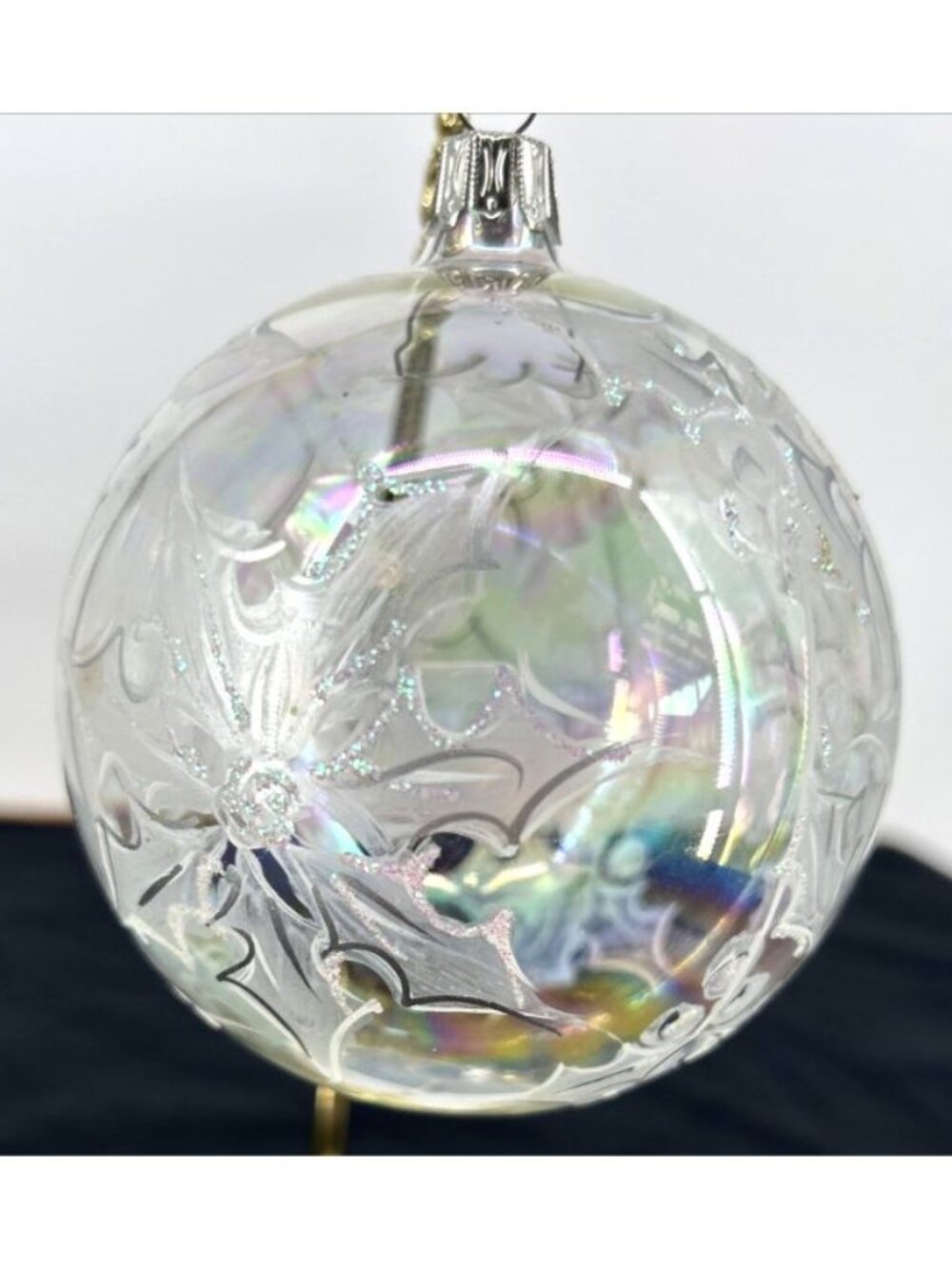 Italy Blown Glass Christmas Ornament Leaves Berries Hand Painted Jumbo 4” Clear